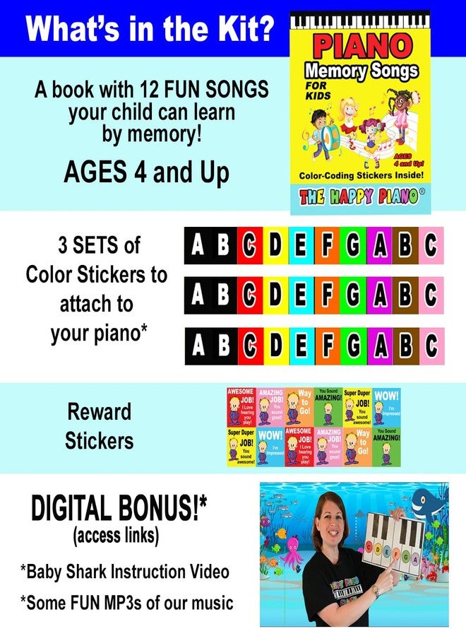 The HAPPY PIANO KIT for Memory. Color Stickers & Song Activity Kit for Kids - Booklet w/12 Songs, 3 Coding Sticker Sets, Reward Stickers, Easy 2 Follow, Ages 4 & up. Digital Baby Shark Lesson - Image 3
